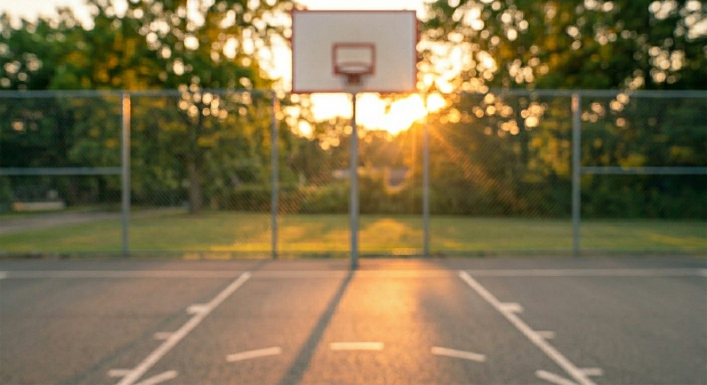 An empty outdoor basketball court at golden hour, sun flaring behind the hoop.
