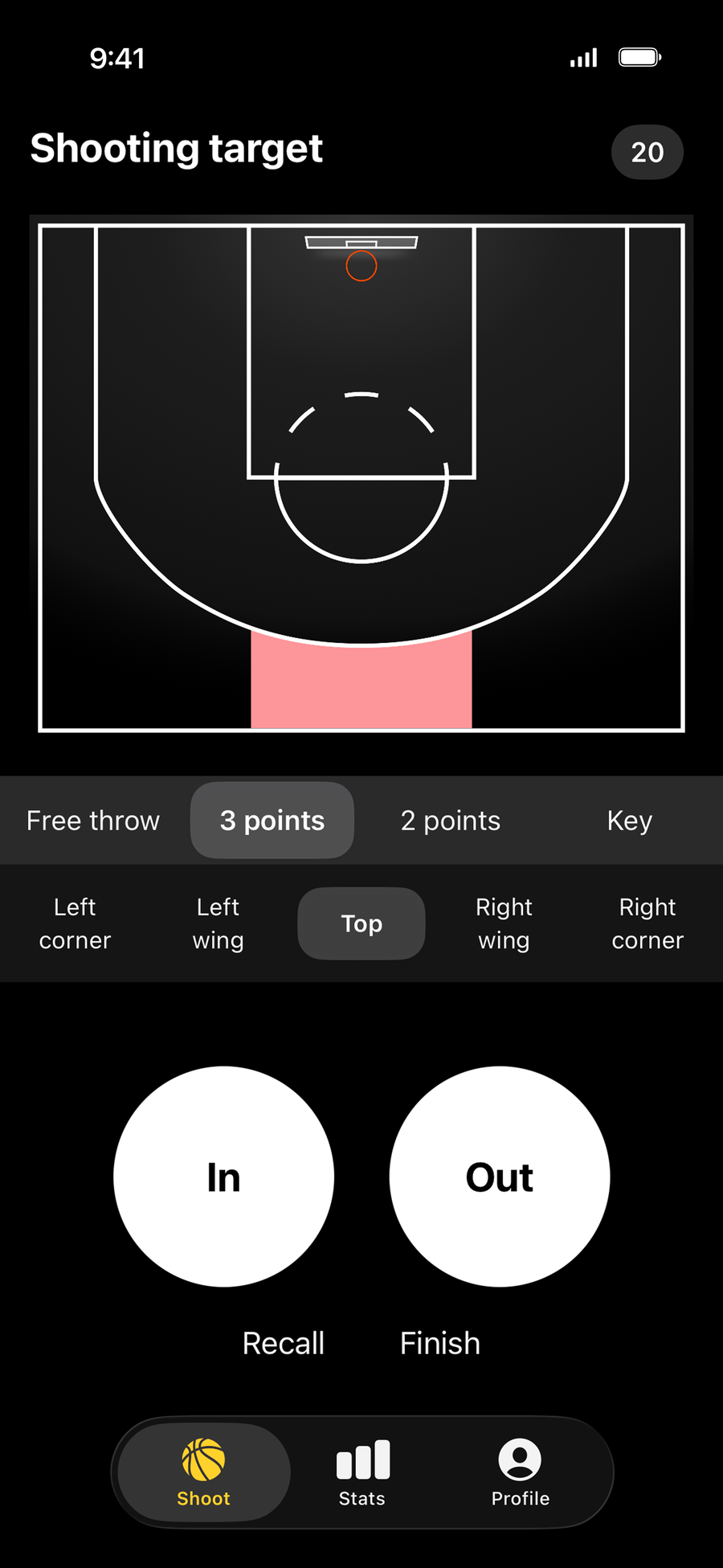 Shoot a Hoop phone mode: the Shooting target court with big In and Out buttons.